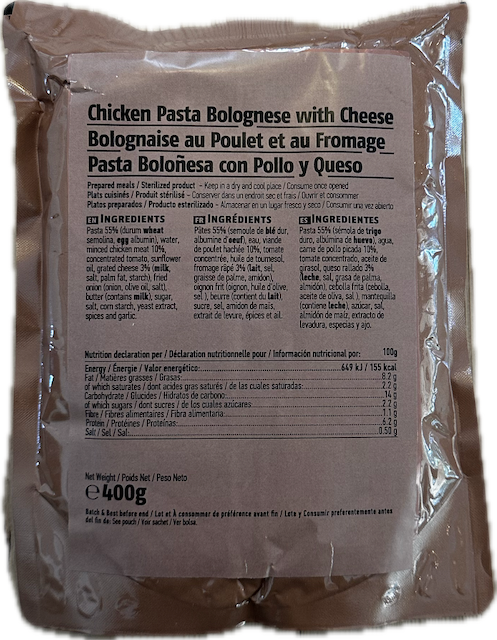 Militær nødration 24h med oksegryde og kødboller m. pasta (menu 1)